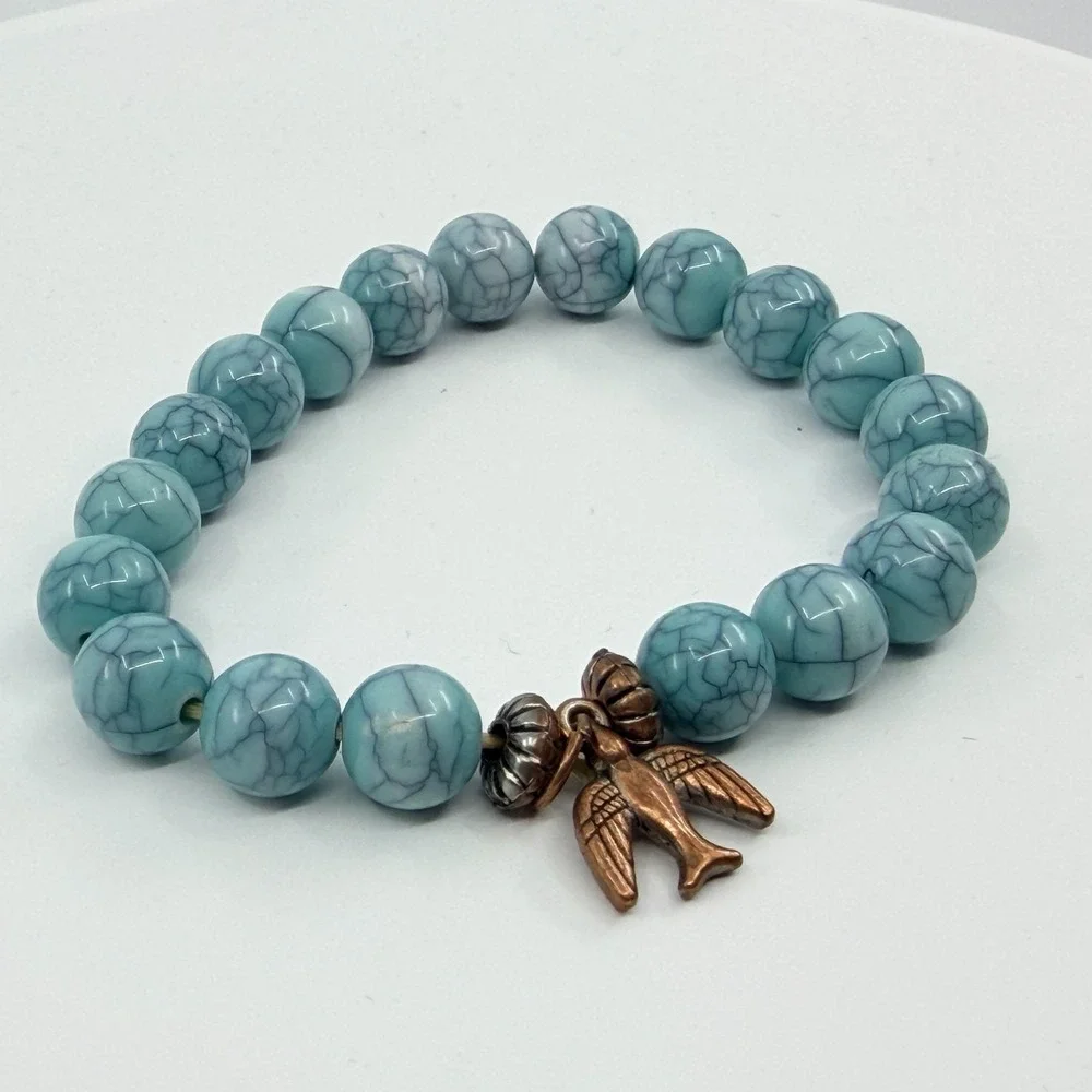 VTG Y2K Faux Turquoise Beaded Stretch Bracelet Copper Tone Bird Charm Boho Retro